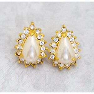 Vintage Faux Pearl Teardrop Earrings, Diamond Gem Stud Earrings - C8